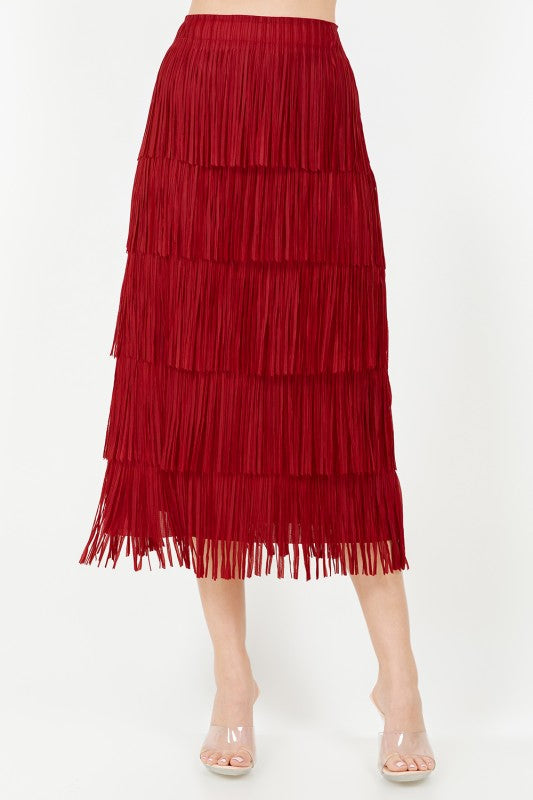 FALDA BOHO BURGUNDY CON FLECOS Y CINTURA ELÁSTICA