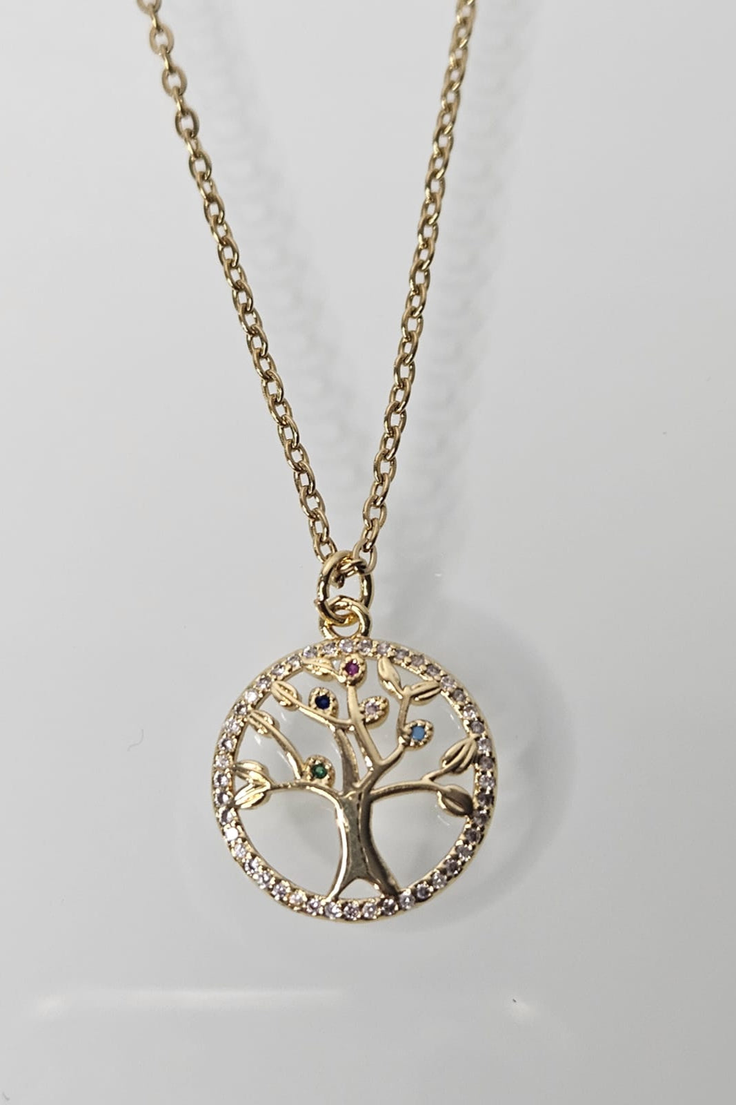 SET CADENA DORADA CON PENDANT DE ÁRBOL DE LA VIDA Y PIEDRAS DE COLORES Y PANTALLAS