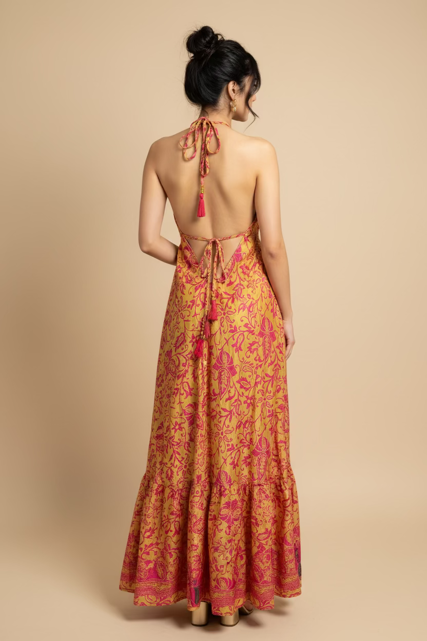 TRAJE MAXI DRESS ROSA Y AMARILLO