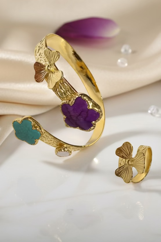 SET PULSERA Y SORTIJA TURCA DORADA CON PIEDRA TURQUESA Y VIOLETA