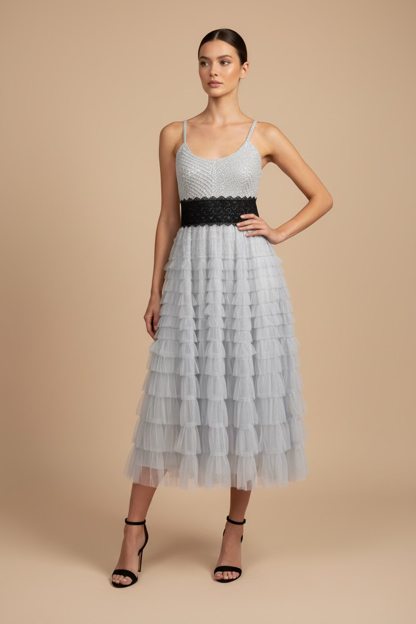 TRAJE TEJIDO Y CON TUL GRIS