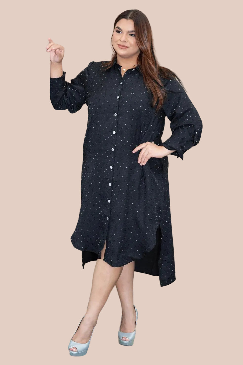 VESTIDO NEGRO CON RHINESTONES TALLA REGULAR Y PLUS