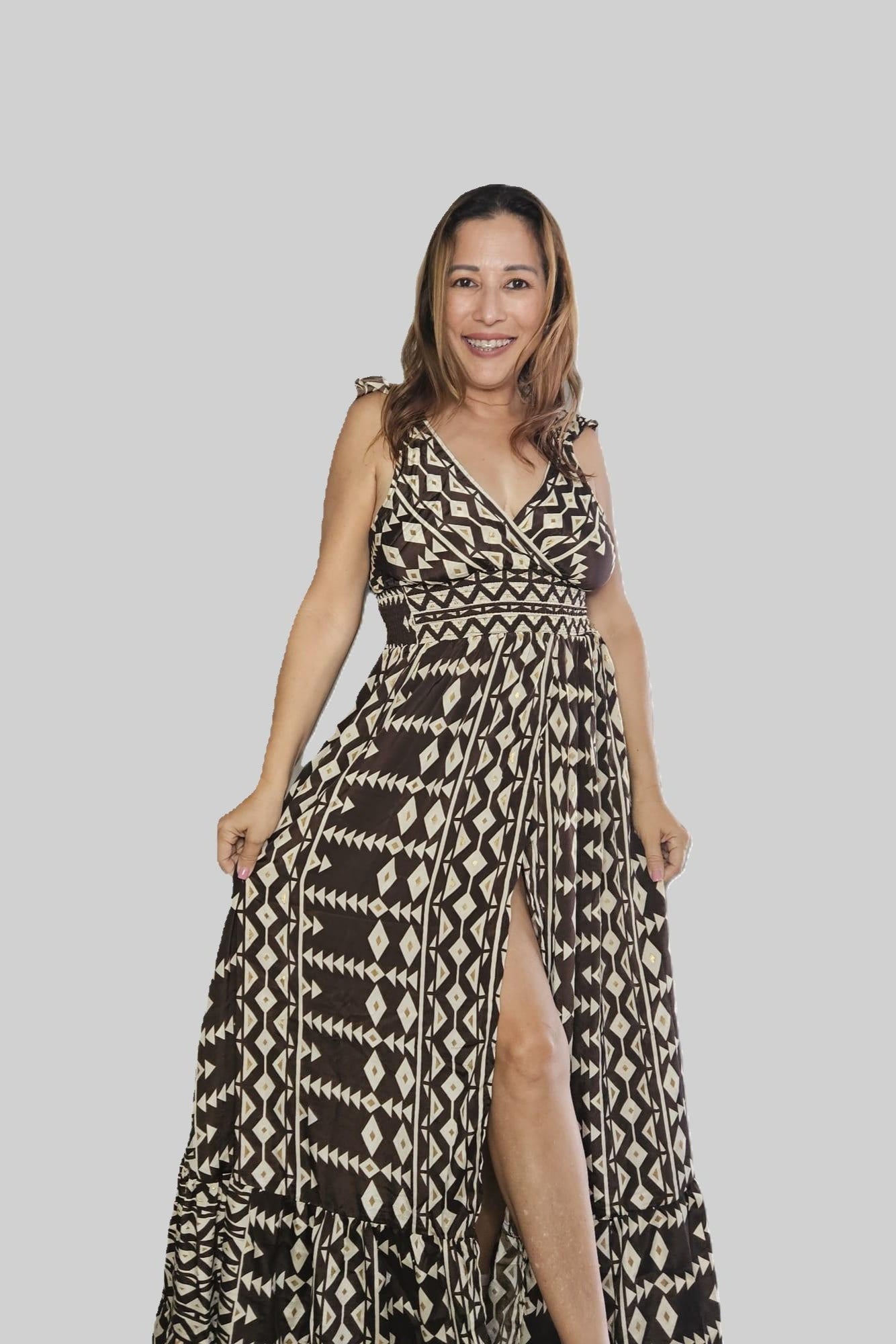 MAXI DRESS BOHO MARRÓN Y IVORY