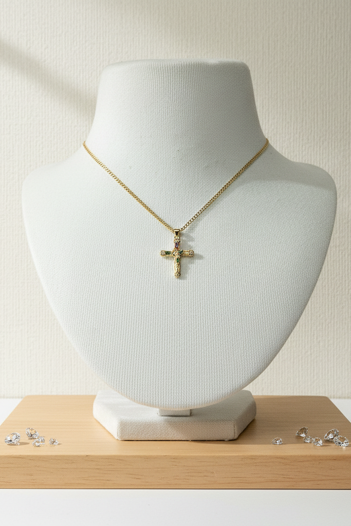 Cadena con dije de cruz en display de joyería