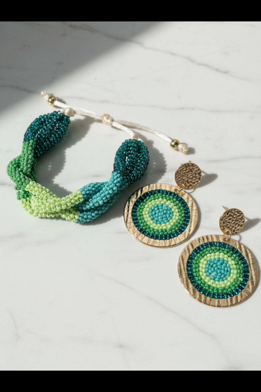 SET DE PULSERA TRENZADA Y ARETES VERDE Y TURQUESA