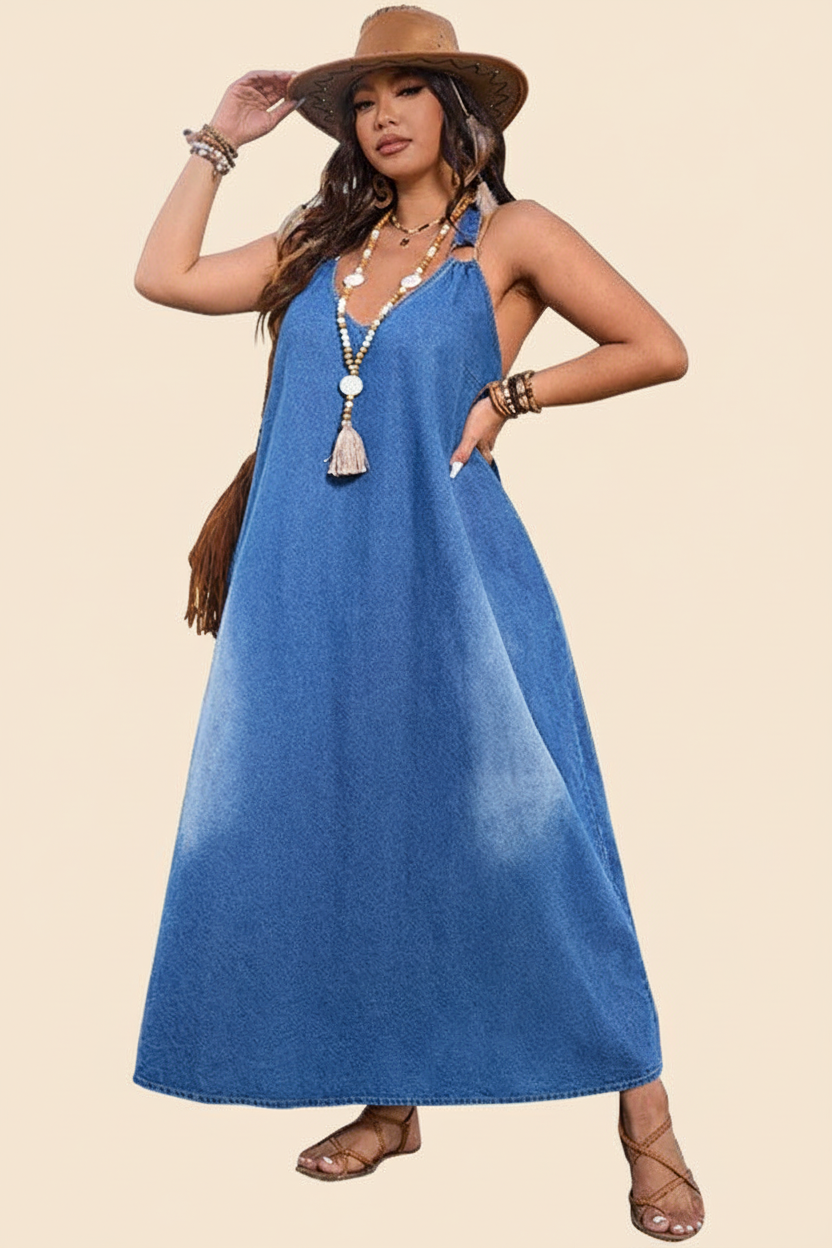 Vestido denim tres cuartos beige