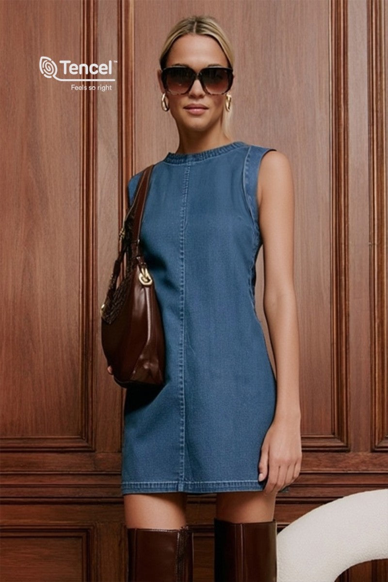 TRAJE RECTO EN "DENIM" SIN MANGAS CON DETALLE DE COSTURA