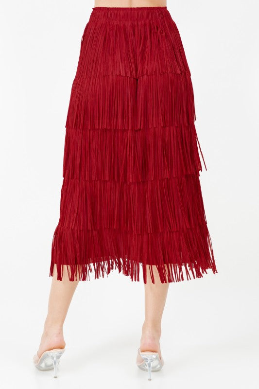 FALDA BOHO BURGUNDY CON FLECOS Y CINTURA ELÁSTICA