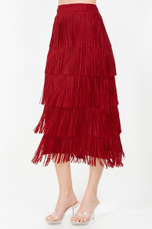 FALDA BOHO BURGUNDY CON FLECOS Y CINTURA ELÁSTICA