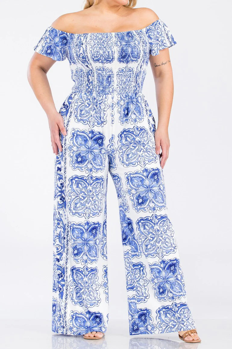 JUMPSUIT "PLUS" OFF SHOULDER AZUL Y BLANCO