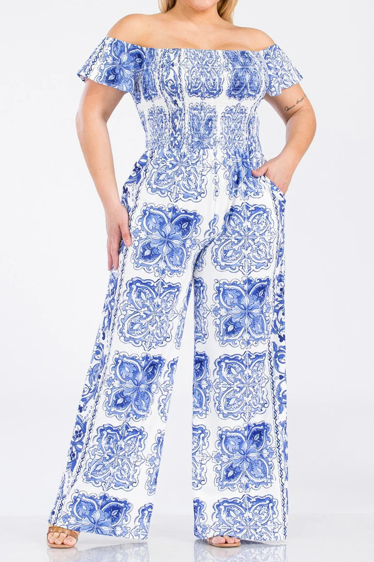 JUMPSUIT "PLUS" OFF SHOULDER AZUL Y BLANCO