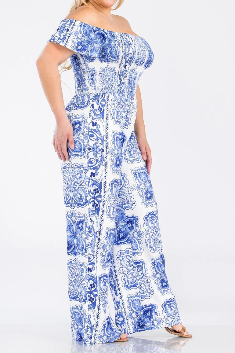 JUMPSUIT "PLUS" OFF SHOULDER AZUL Y BLANCO