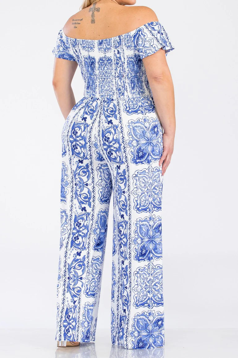 JUMPSUIT "PLUS" OFF SHOULDER AZUL Y BLANCO