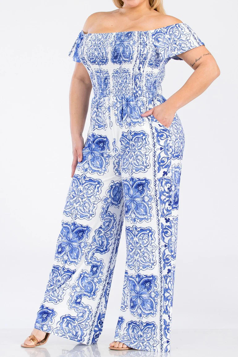 JUMPSUIT "PLUS" OFF SHOULDER AZUL Y BLANCO