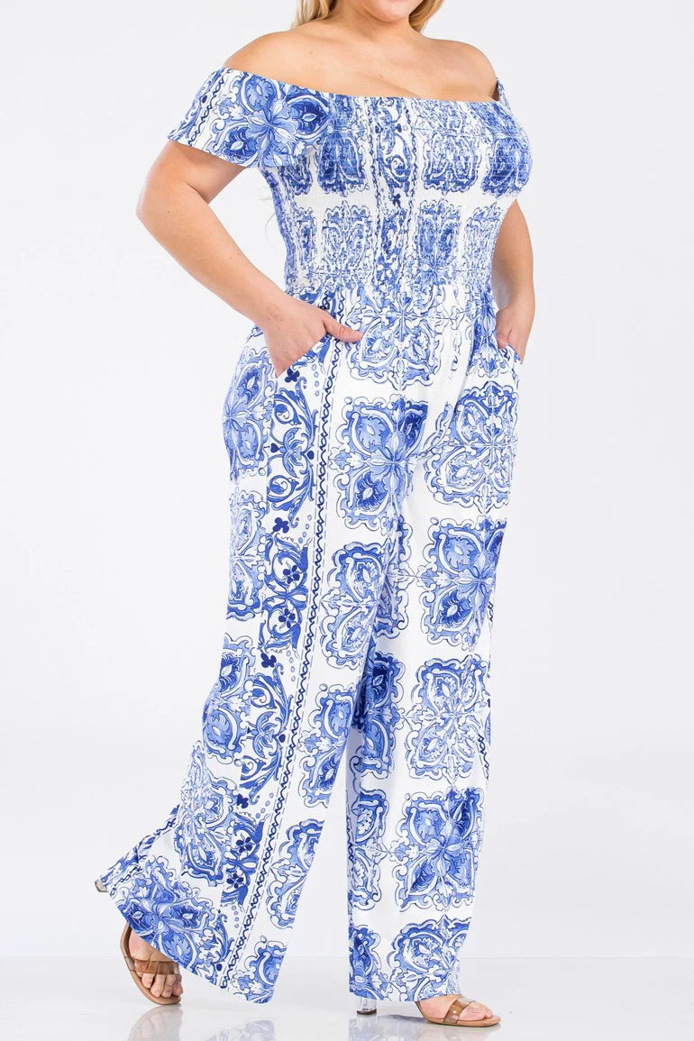 JUMPSUIT "PLUS" OFF SHOULDER AZUL Y BLANCO