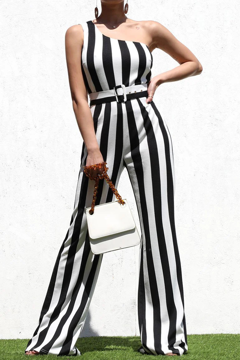 BLACK AND WHITE STRIPED ONE-SHOULDER JUMPSUIT
