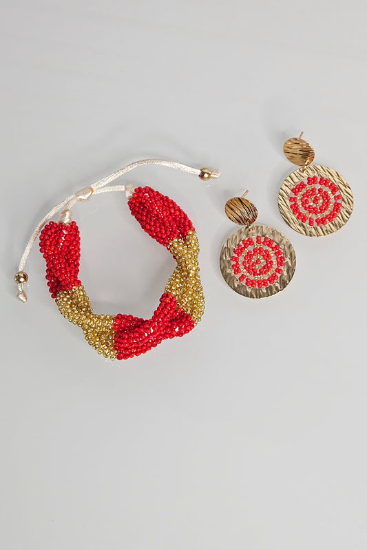 SET DE PULSERA TRENZADA Y ARETES DORADO Y ROJO