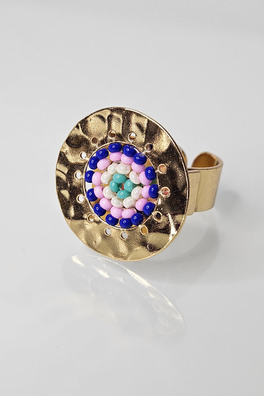 SORTIJA DORADA CON TURQUESA, LILA Y BLANCO