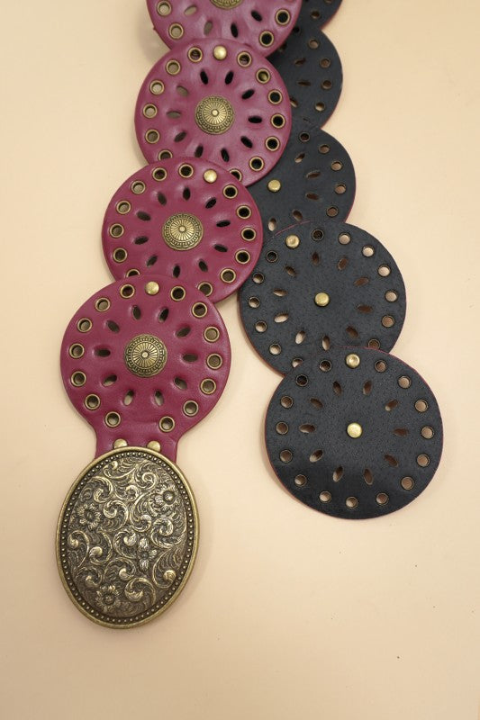 CINTURÓN “WESTERN” CON DISCO OVALADO Y TACHUELAS NEGRA O VINO