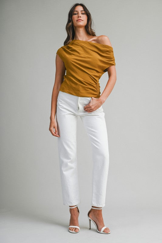 BLUSA ASIMÉTRICA LISA DE UN SOLO HOMBRO CON ESCOTE DRAPEADO