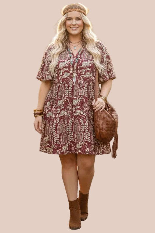 VESTIDO FLORAL Y PAISLEY BURGUNDY TALLA PLUS