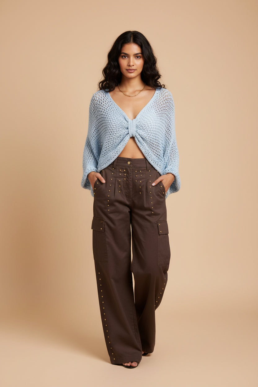 BLUSA TEJIDA CON NUDO AZUL CIELO