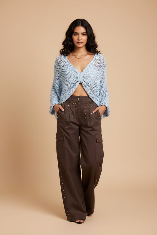 BLUSA TEJIDA CON NUDO AZUL CIELO
