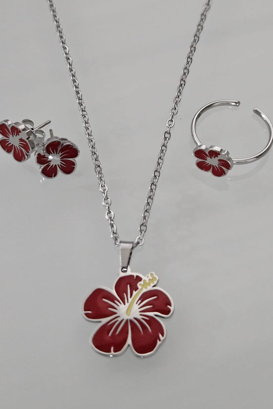 SET DE CADENA PLATEADA CON AMAPOLA ROJA, PANTALLAS Y SORTIJA