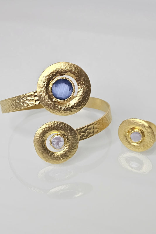 SET PULSERA Y SORTIJA TURCAS DORADAS CON PIEDRA AZUL Y MADRE PERLA