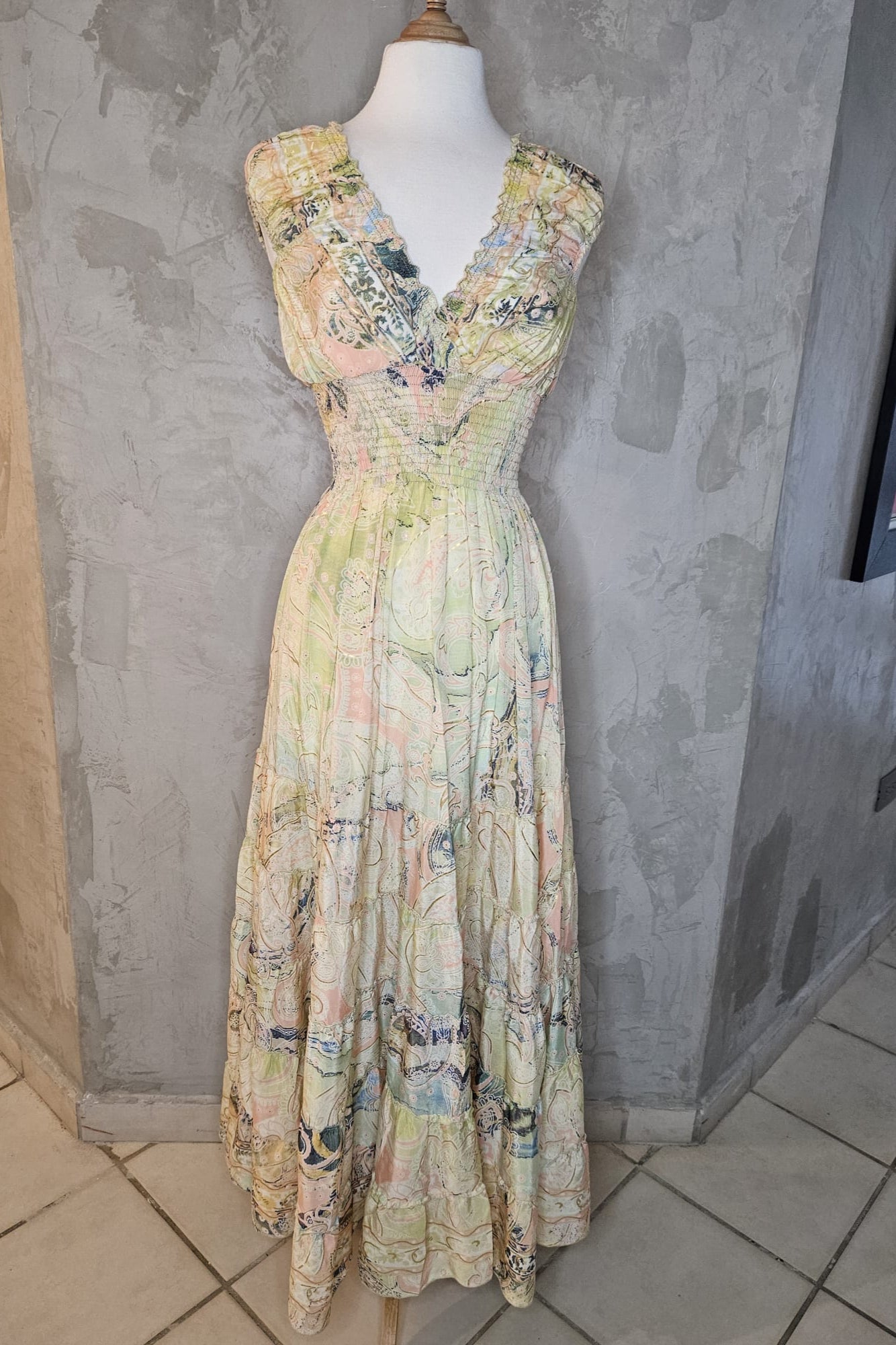 MAXI DRESS "BOHO" EN TONOS AMARILLO, VERDE Y PEACH