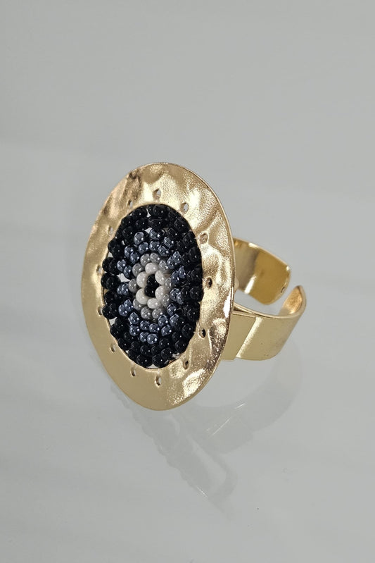 SORTIJA GRANDE DORADA CON NEGRO, GRIS Y BLANCO