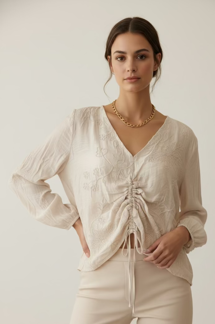 BLUSA DE CUELLO V BORDADA TALLA ÚNICA