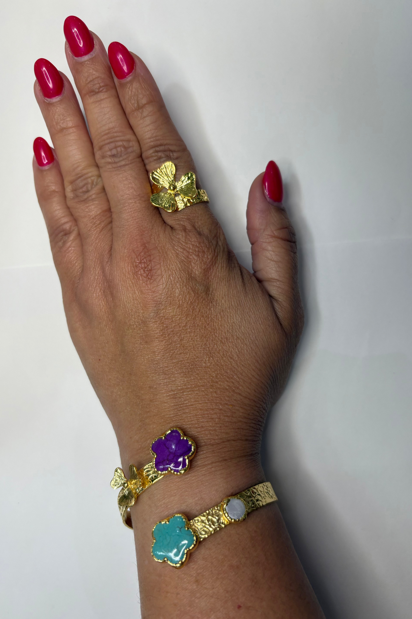 SET PULSERA Y SORTIJA TURCA DORADA CON PIEDRA TURQUESA Y VIOLETA