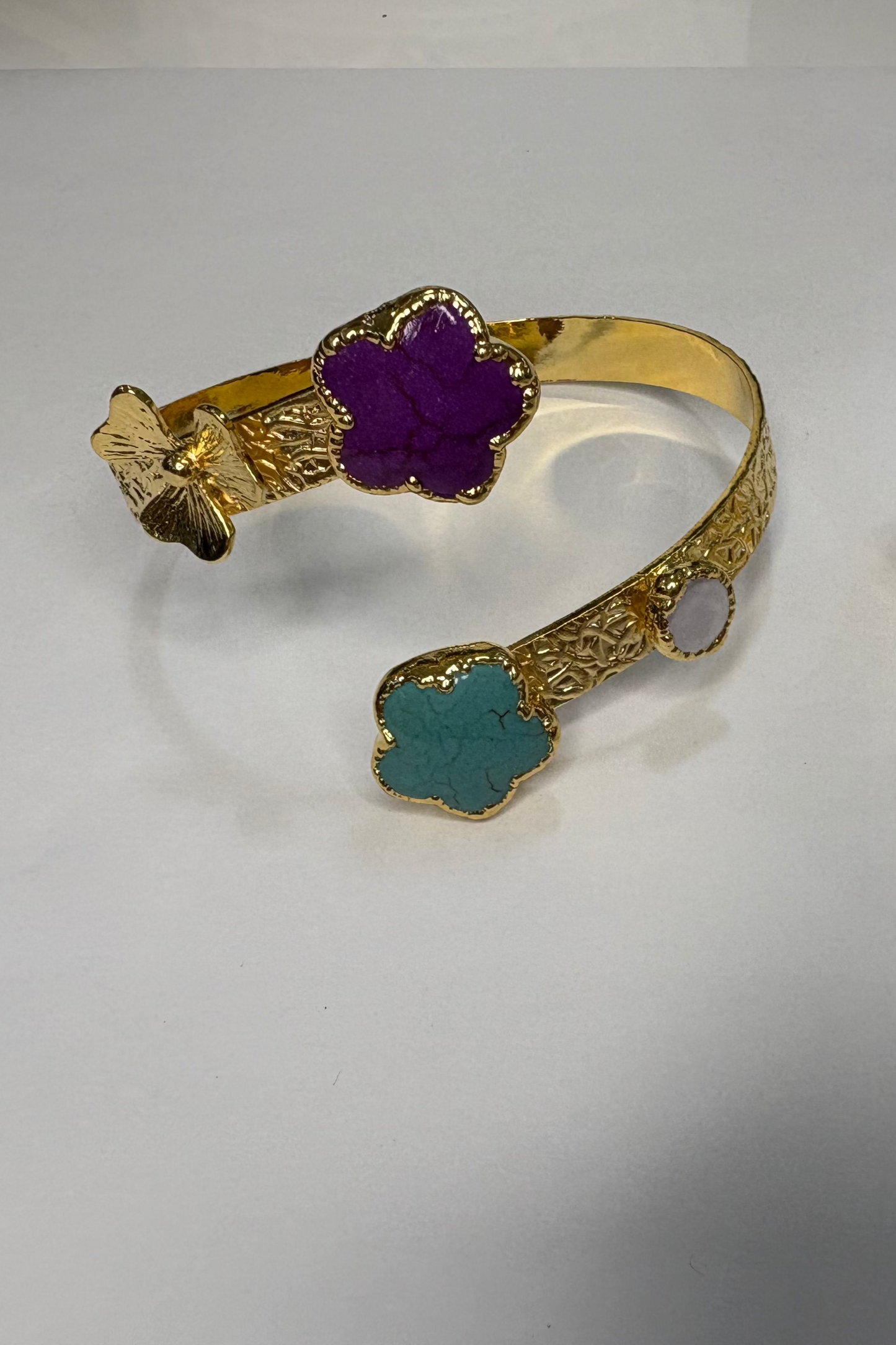 SET PULSERA Y SORTIJA TURCA DORADA CON PIEDRA TURQUESA Y VIOLETA