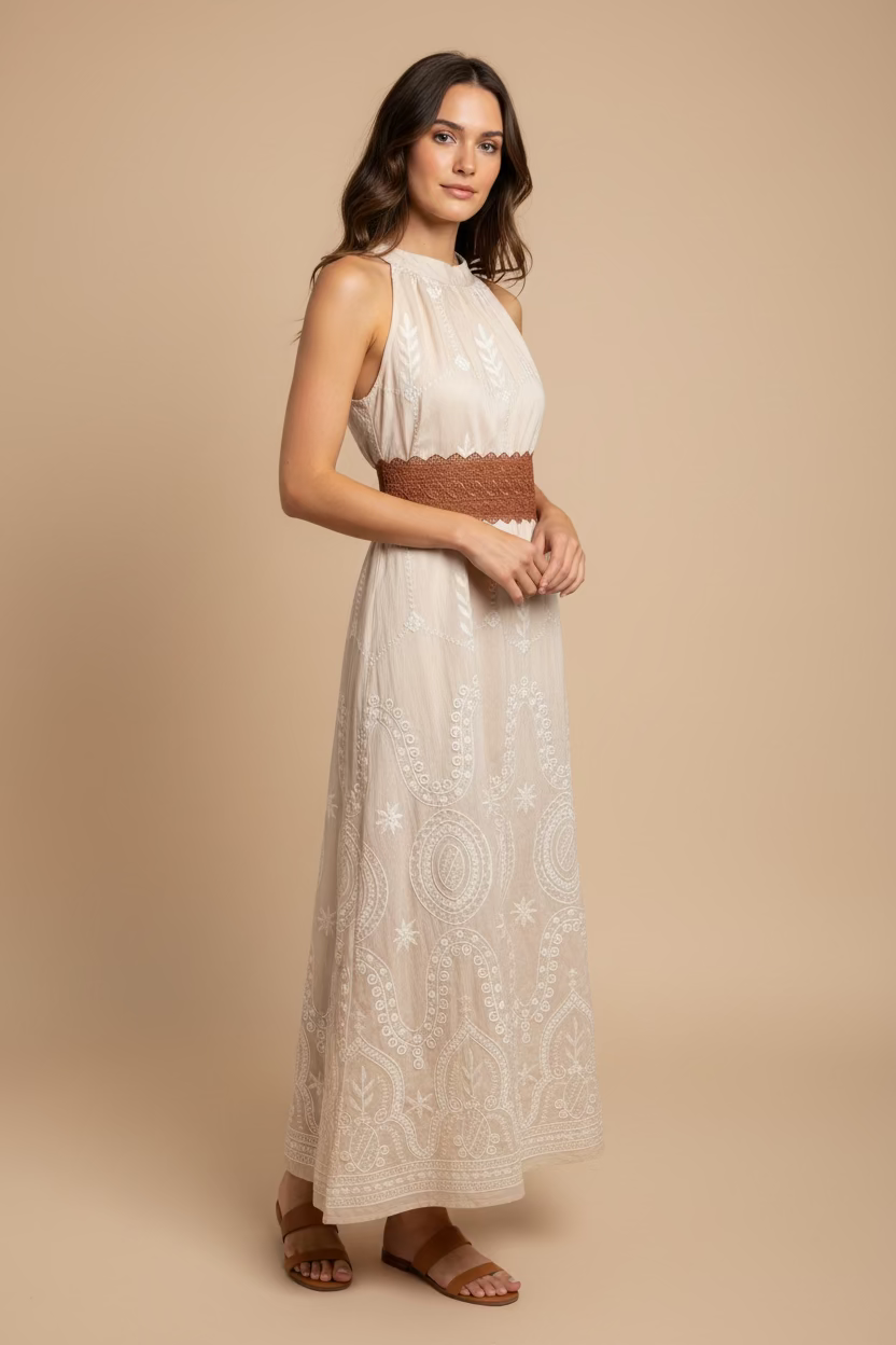 TRAJE SIN MANGAS BORDADO COLOR CREMA