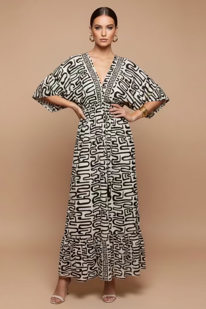 MAXI DRESS MANGA CORTA CREMA/NEGRO/COBRE