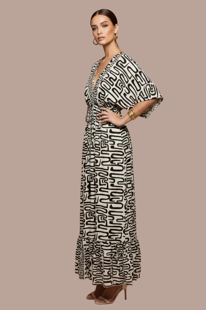 MAXI DRESS MANGA CORTA CREMA/NEGRO/COBRE