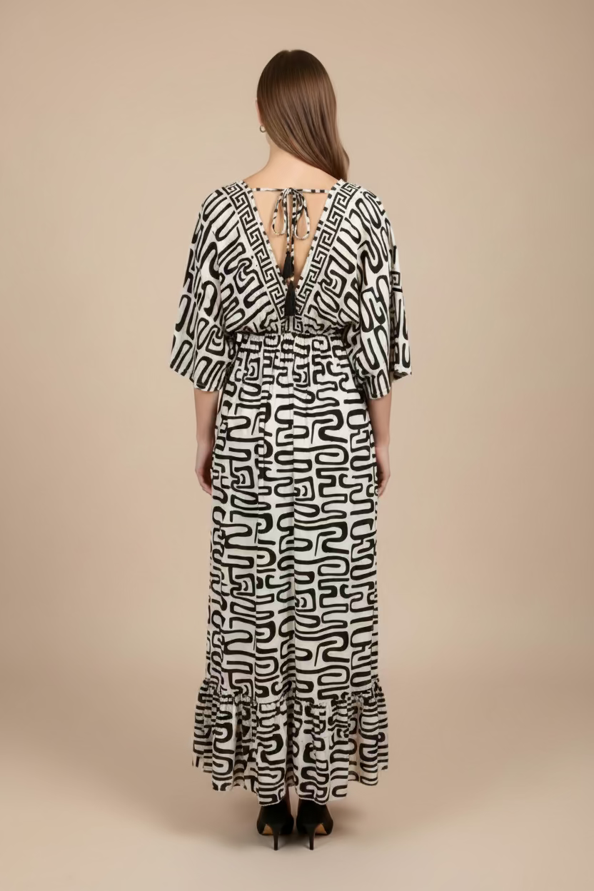 MAXI DRESS MANGA CORTA CREMA/NEGRO/COBRE