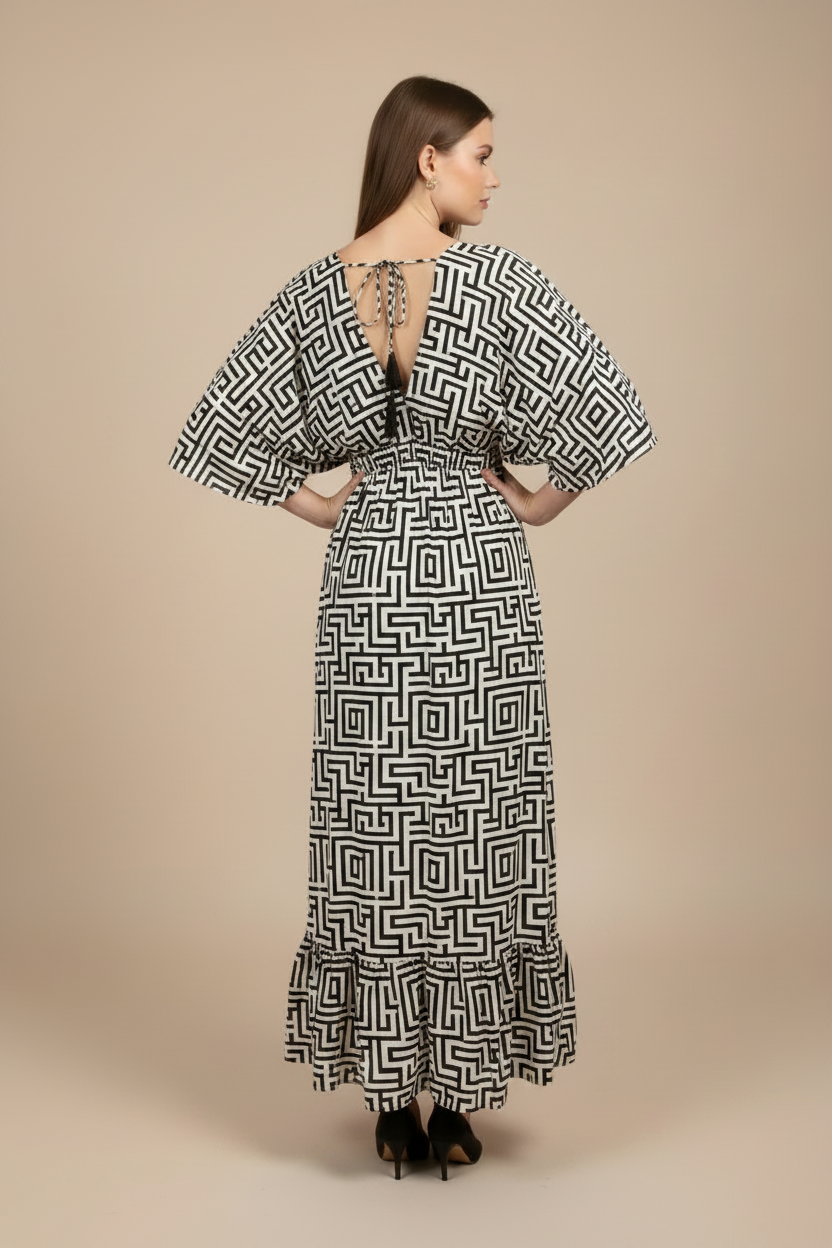 MAXI DRESS MANGA CORTA CREMA/NEGRO/COBRE