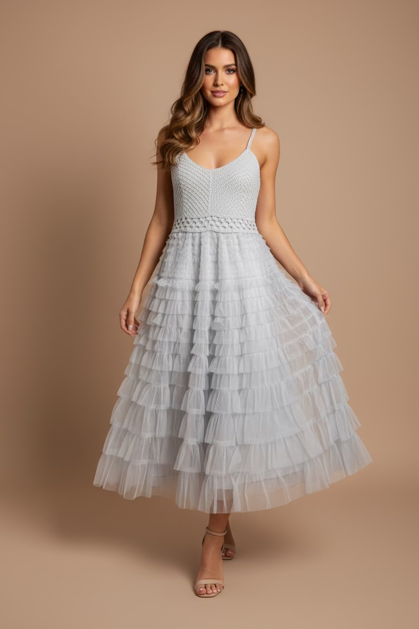 TRAJE TEJIDO Y CON TUL GRIS