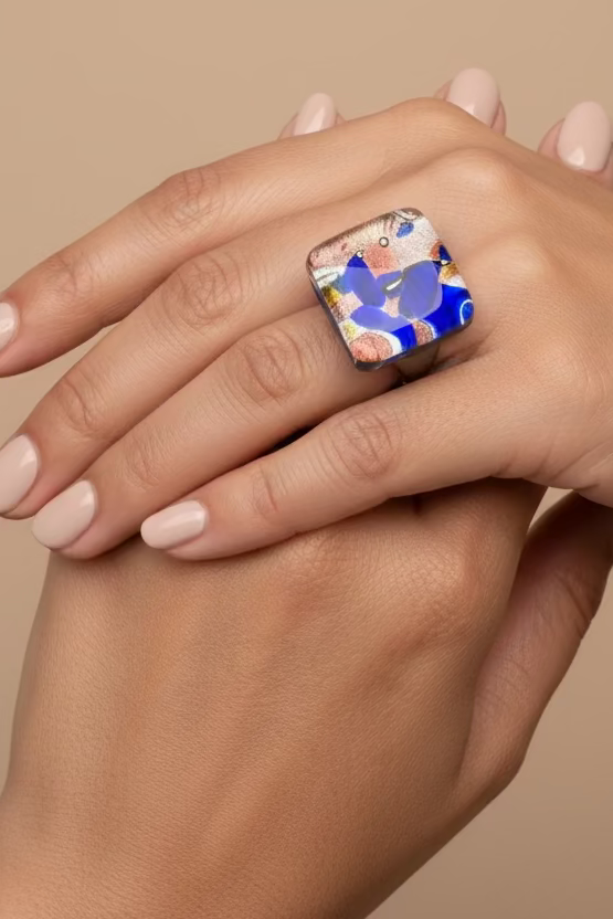 SORTIJA EN CRISTAL MURANO CUADRADA AZUL Y ROSA
