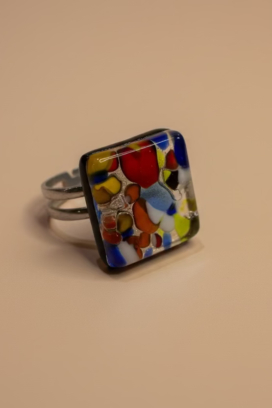 SORTIJA EN CRISTAL MURANO CUADRADO MULTICOLOR