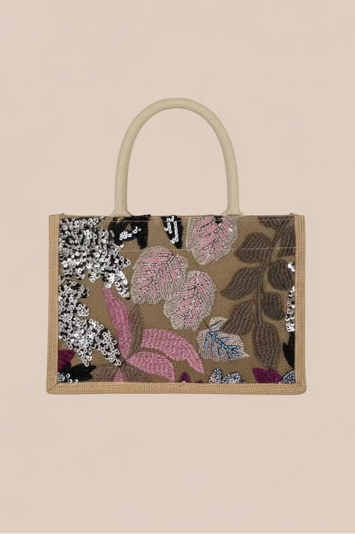 CARTERA CON DISEÑOS EN LENTEJUELAS FLORES ROSA