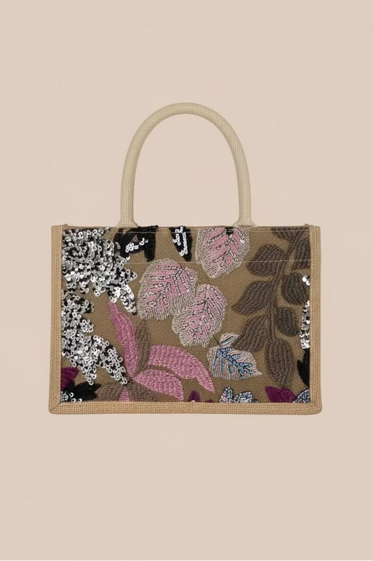 CARTERA CON DISEÑOS EN LENTEJUELAS FLORES ROSA