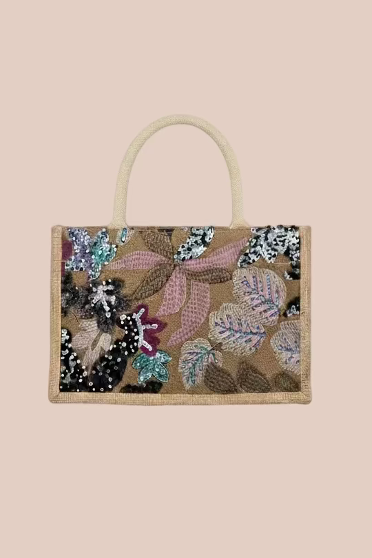 CARTERA CON DISEÑOS EN LENTEJUELAS FLORES ROSA