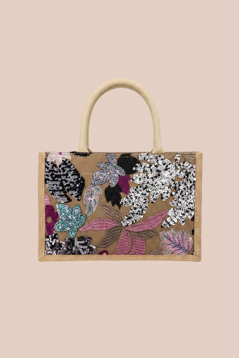 CARTERA CON DISEÑOS EN LENTEJUELAS FLORES ROSA