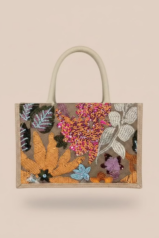 CARTERA CON DISEÑOS EN LENTEJUELAS FLORES NARANJA