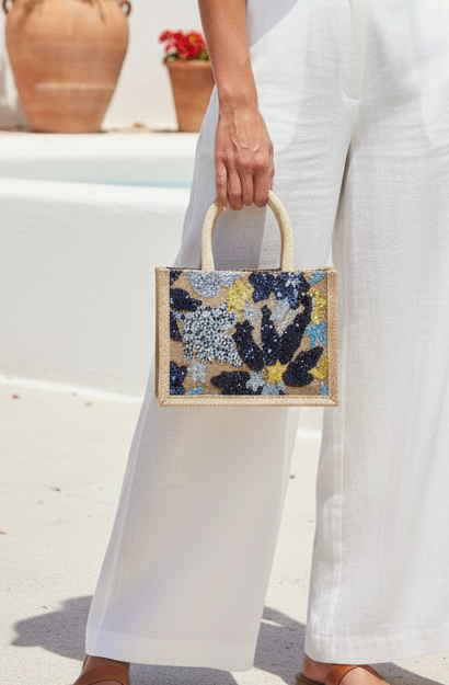 CARTERA CON DISEÑOS EN LENTEJUELAS FLORES AZULES