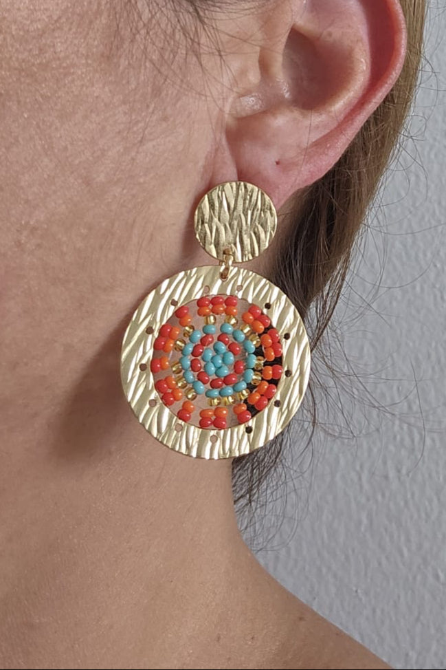 PANTALLAS REDONDAS DORADAS CON ROJO, ANARANJADO Y TURQUESA