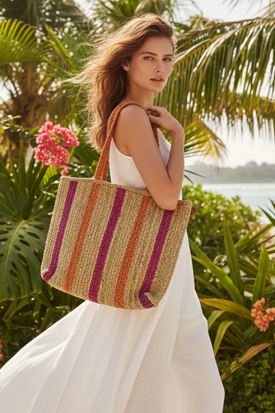 CARTERA EN PAJA CREMA, NARANJA Y FUCSIA